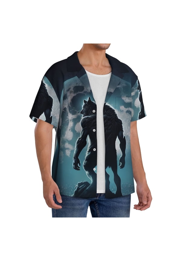 Moon Wolf Warrior Men's Linen Shirts Short Sleeve Cuban Beach Shirts Casual Shirts Button Down Shirt for Men Beach Summer Wedding Shirt-Large