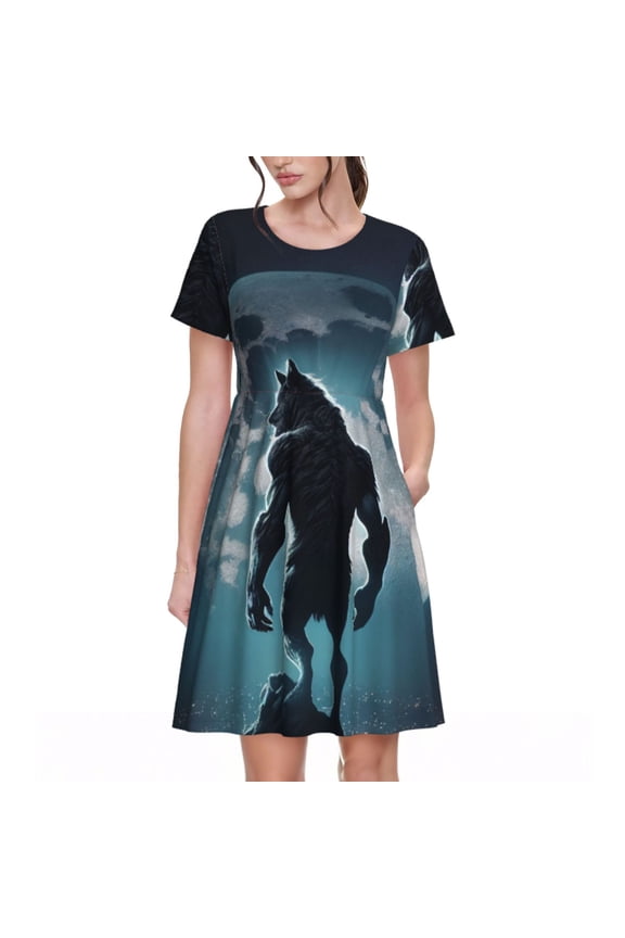 Moon Wolf Warrior Pattern Women's Short Sleeve Summer Dress Pleated Loose Swing Knee Length Short Sleeve Swing Dresses
