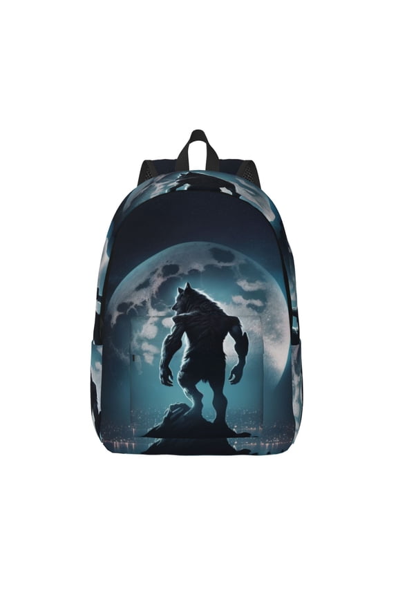 Moon Wolf Warrior Printed Canvas Daypack - Stylish and Durable Vintage Compact Backpack - Class, Work, Travel, or Laptop Bookbag,Organized Compartments-Medium