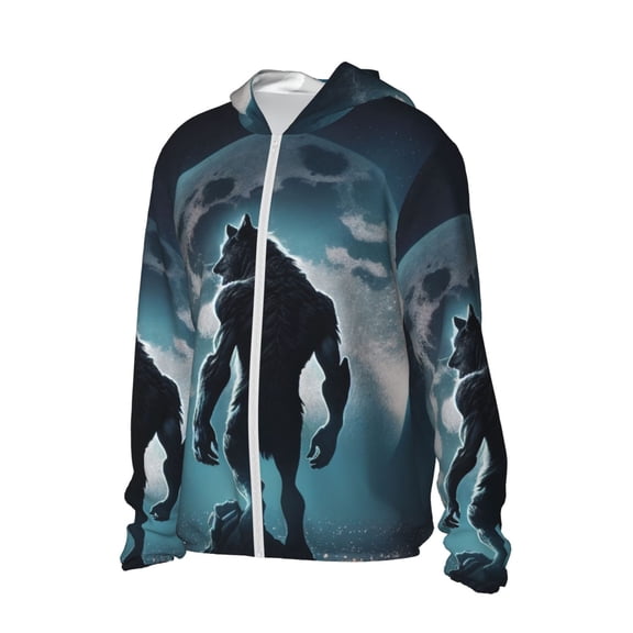 Picia Moon Wolf Warrior Women's Men's UPF 50+ Sun Protection Hoodie Shirt Long Sleeve SPF Fishing Outdoor UV Hiking Lightweight Shirts-3X-Large