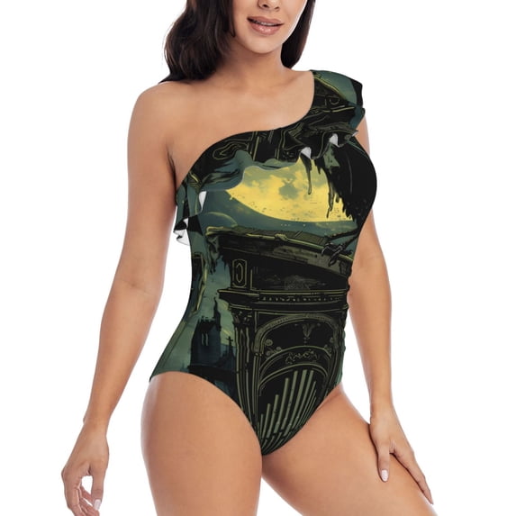 Picia MoonNight Sky Crow Pattern Women's One Piece Swimsuits,One Shoulder Swimwear Asymmetric ,Ruffle Monokinis Bathing Suits,High Waisted Flattering Bathing Suits-Medium