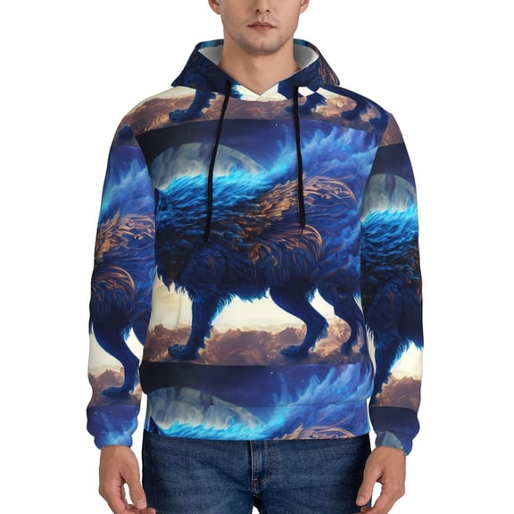 Picia Moonlit Blue Wolf Pattern Casual Men's Hoodie - Lightweight Hooded Sweatshirt with Kangaroo Pocket, Comfortable Pullover for Everyday, Travel-X-Large