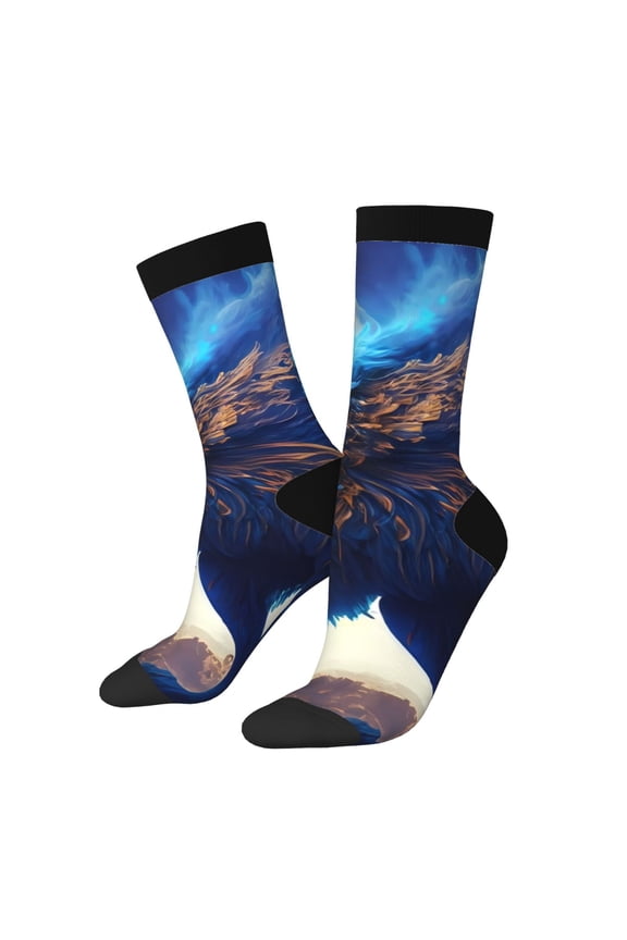 Moonlit Blue Wolf Print Athletic Socks for Men & Women – Cushioned Moisture-Wicking Crew Socks for Sports, Running, and Training, Soft & Breathable Size 5-11