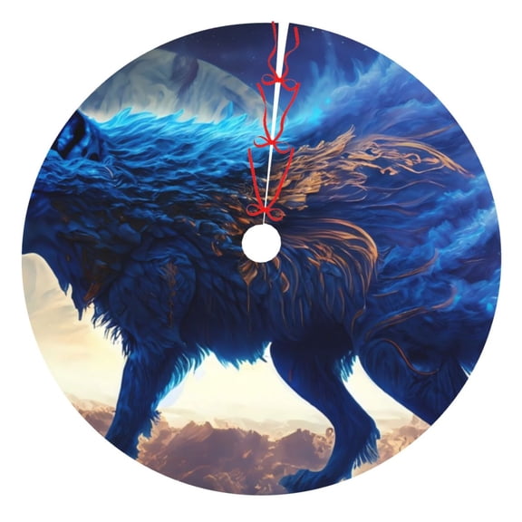 Picia Moonlit Blue Wolf Print Christmas Tree Skirt , Christmas Tree Skirt Ornaments for Merry Christmas Holiday Party Decorations Indoor Outdoor-36"
