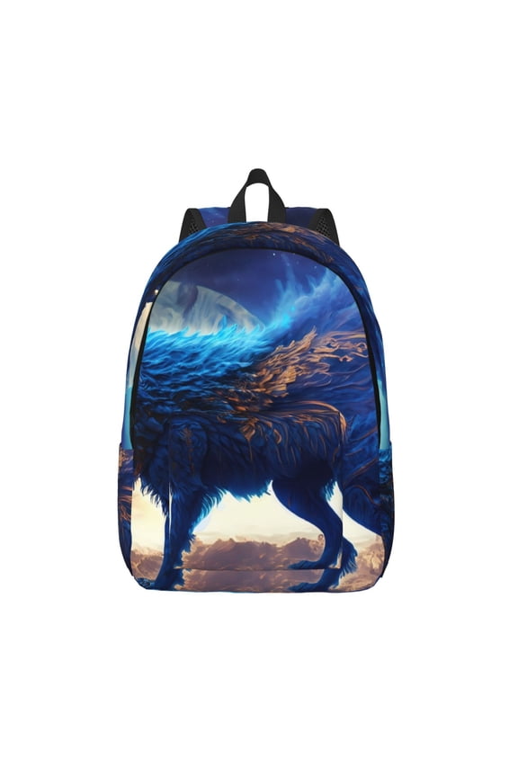 Moonlit Blue Wolf Printed Canvas Daypack - Stylish and Durable Vintage Compact Backpack - Class, Work, Travel, or Laptop Bookbag,Organized Compartments-Medium