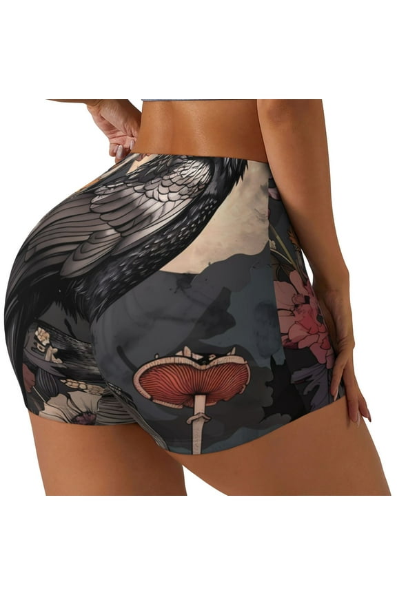 Moonlit Crow Blossoms Printed Workout Shorts for Women Seamless Scrunch Butt Lifting High Waisted Yoga Gym Booty Running Moisture-wicking Short Pants-X-Large