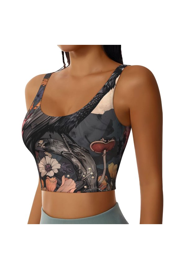 Moonlit Crow Blossoms Sports Bra for Women,Padded Strappy Sports Bras Medium Support Yoga Bra with Removable Cups,Running Yoga Bra-