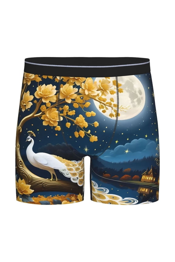 Moonlit Golden Tree Peacock Pattern Men's Athletic Long Leg Briefs , Performance Stretch Underwear,Moisture-Wicking