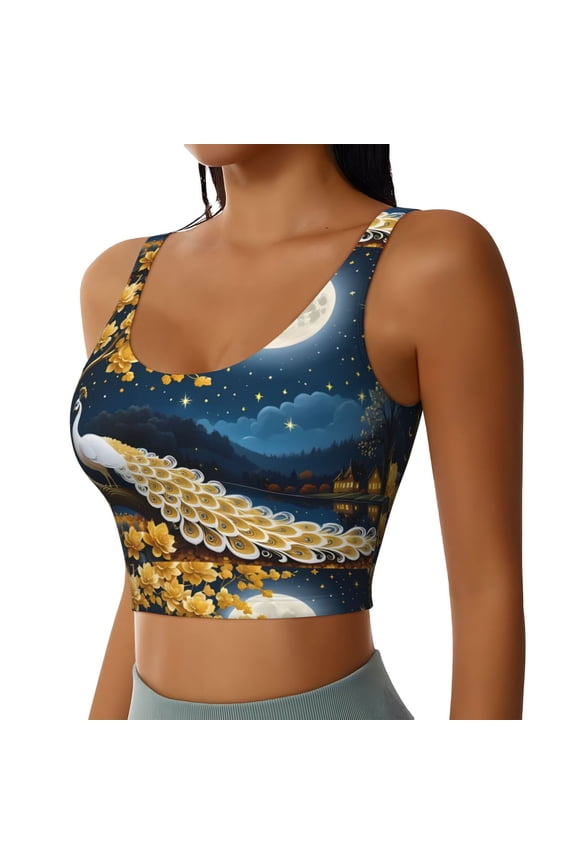 Moonlit Golden Tree Peacock Sports Bra for Women,Padded Strappy Sports Bras Medium Support Yoga Bra with Removable Cups,Running Yoga Bra-XX-Large