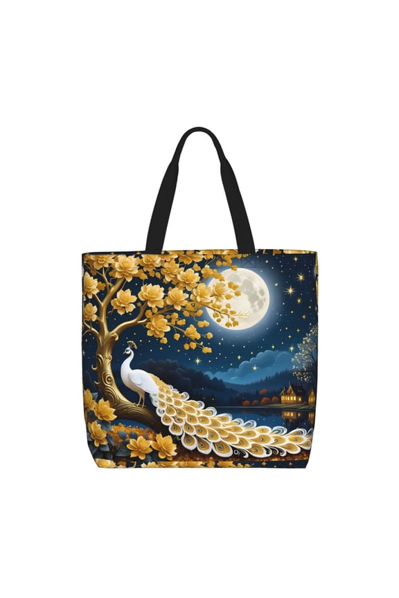 Moonlit Golden Tree Peacock for Tote Bag for Women with Zipper, Gym Tote with Compartments, Laptop Work Tote Nurse Dance Yoga Bag for Sport, Travel