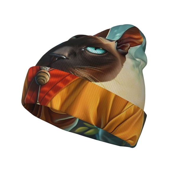 Picia Moonlit Hairless Cat Monk Pattern Knitted Beanie Hat for Men and Women , Unisex Winter Warm Stretchy Knit Cap Thick Fisherman Beanies Cuffed Plain Skull Caps