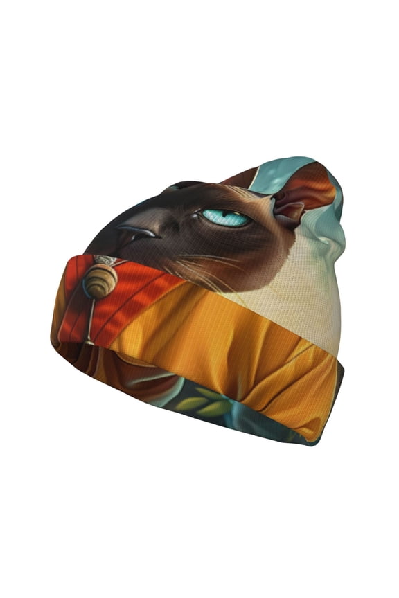 Moonlit Hairless Cat Monk Pattern Knitted Beanie Hat for Men and Women , Unisex Winter Warm Stretchy Knit Cap Thick Fisherman Beanies Cuffed Plain Skull Caps