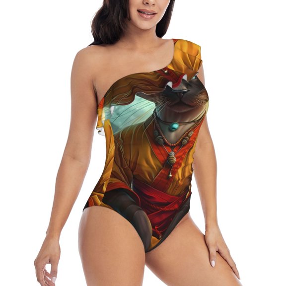 Picia Moonlit Hairless Cat Monk Pattern Women's One Piece Swimsuits,One Shoulder Swimwear Asymmetric ,Ruffle Monokinis Bathing Suits,High Waisted Flattering Bathing Suits-X-Large