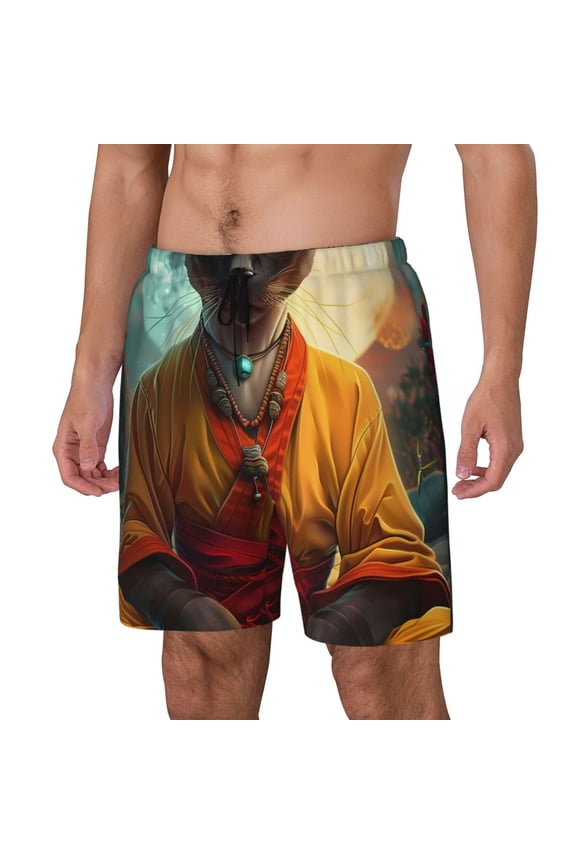 Moonlit Hairless Cat Monk pattern Mens Swim Trunks with Compression Liner Stretch Beach Shorts Quick Dry with Zipper Pockets No-Chafing Board Shorts-Small