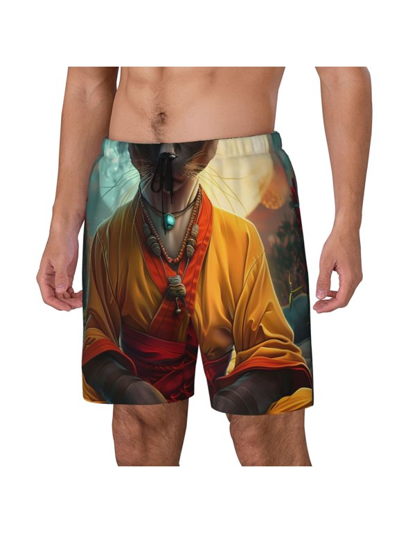 Moonlit Hairless Cat Monk pattern Mens Swim Trunks with Compression Liner Stretch Beach Shorts Quick Dry with Zipper Pockets No-Chafing Board Shorts-X-Large