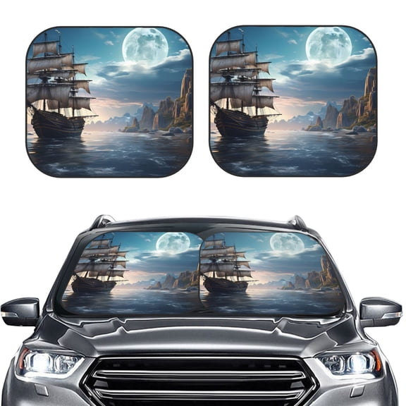 Picia Moonlit Sea Sailboat 2 Piece Car Windshield Sun Shade Foldable | Foldable Sun Shield for Front Window Blocks UV Rays and Keeps Your Vehicle Cool-Small