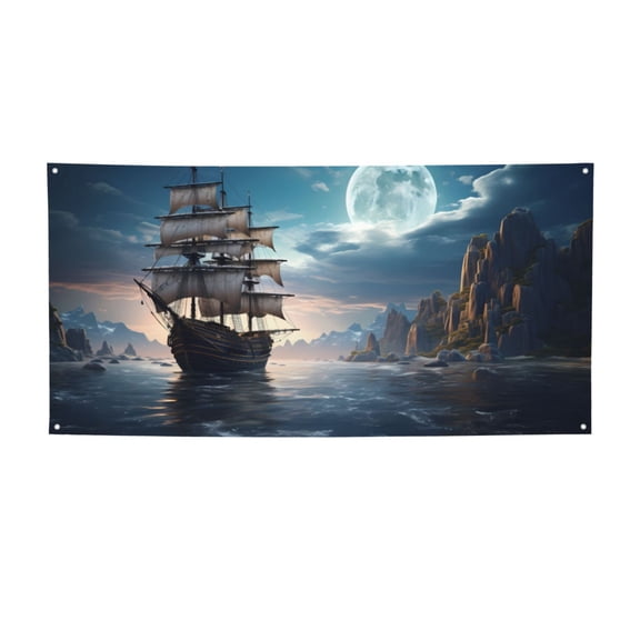 Picia Moonlit Sea Sailboat Pattern Party Banner, Festive Decoration, Holiday Banner, Celebration Decor, Event Banner, Reusable Party Banner-Small