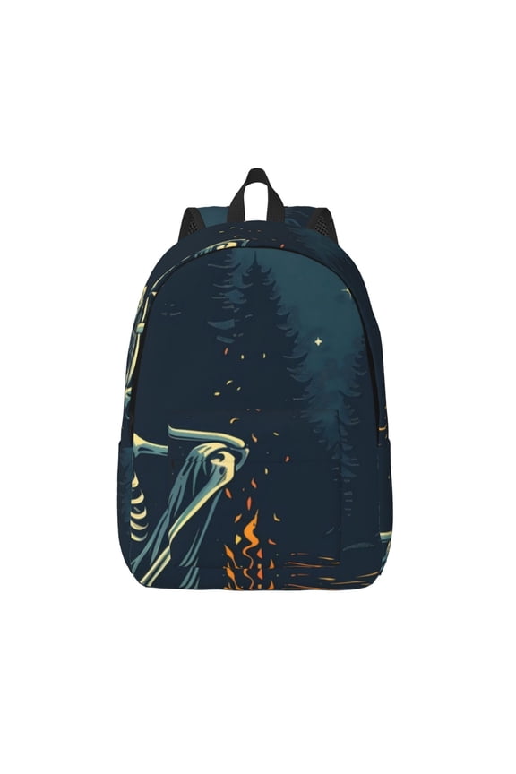 Moonlit Skeleton Campfire Printed Canvas Daypack - Stylish and Durable Vintage Compact Backpack - Class, Work, Travel, or Laptop Bookbag,Organized Compartments-Medium