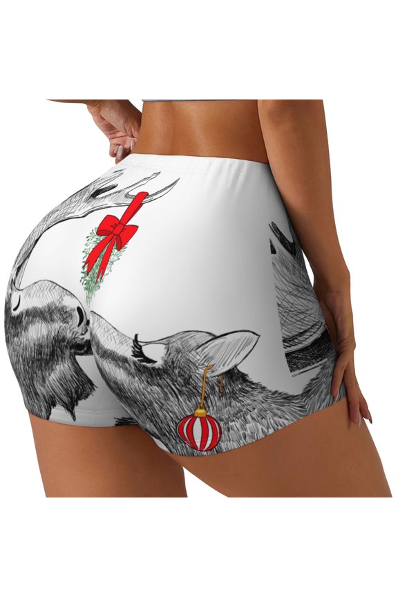 Moose Kissing Under Mistletoe Printed Workout Shorts for Women Seamless Scrunch Butt Lifting High Waisted Yoga Gym Booty Running Moisture-wicking Short Pants-Small