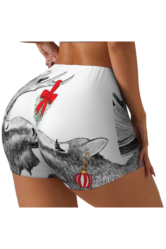 Moose Kissing Under Mistletoe Printed Workout Shorts for Women Seamless Scrunch Butt Lifting High Waisted Yoga Gym Booty Running Moisture-wicking Short Pants-X-Large