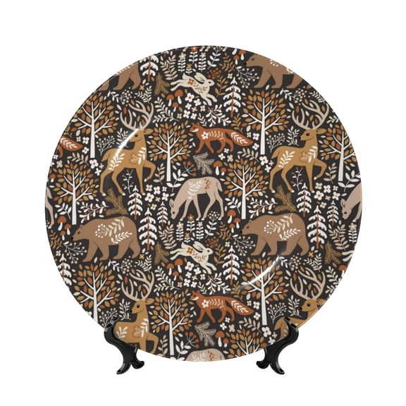 Picia Moose fox bear leaf tree Pattern Bone China Decorative Plate – Wall Decor with Stand and Adhesive, Elegant Ornament for Living Room, Office, or Entryway-7in
