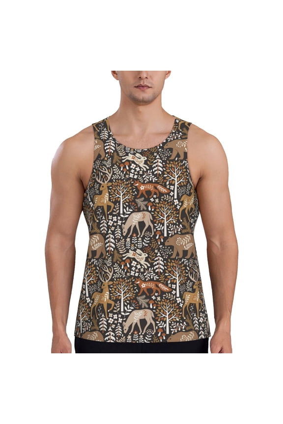 Moose fox bear leaf tree Printed Men’s Performance Tank, Men's Workout Tank Top Moisture-Wicking Tank Top Muscle tee, Breathable Workout Shirt-4X-Large