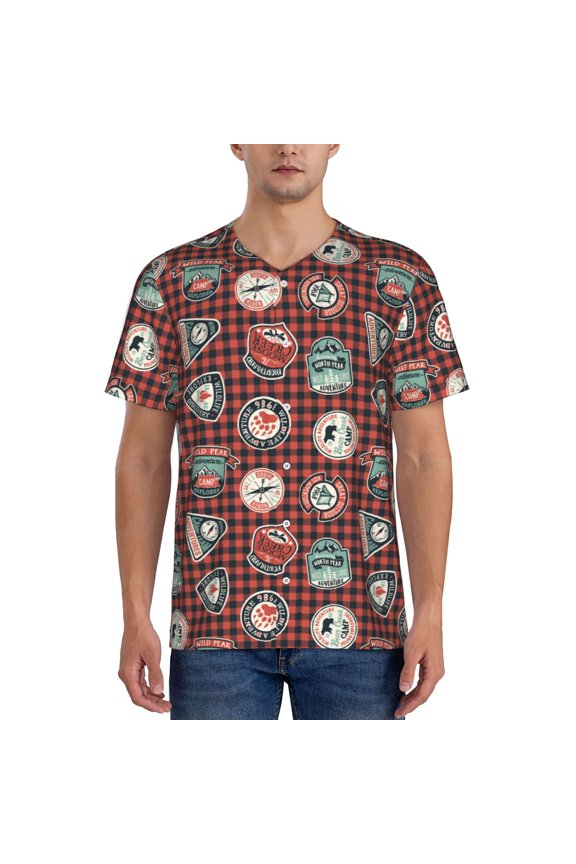 Mountain Adventure Badges Pattern Mens Polo Shirts Quick Dry Short Sleeve Golf T Shirt Performance Moisture Wicking Casual Workout Baseball T-shirt-4X-Large