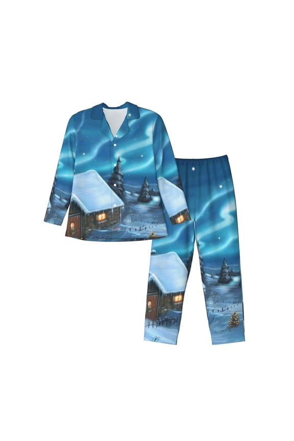 Mountain Cottage In Snow Pattern Men’s Long-Sleeve Sleepwear Set - Soft 2-Piece Loungewear with Pockets, Comfy PJs for Relaxing Nights-Medium