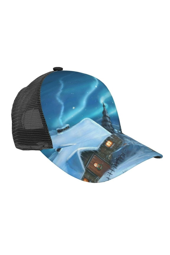 Mountain Cottage In Snow Pattern Trucker Hat,Baseball Cap,Sun Protection Cap,Stylish Headwear,Leisure Cap,Outdoor Sports Cap