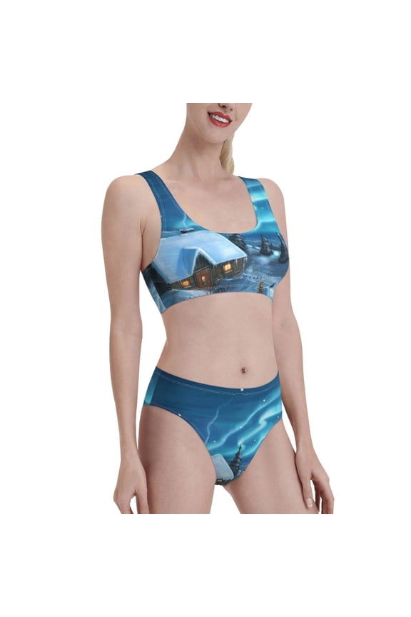 Mountain Cottage In Snow Women's High Waisted Bikini Scoop Neck Swimsuit Two Pieces Bathing Suit-Large