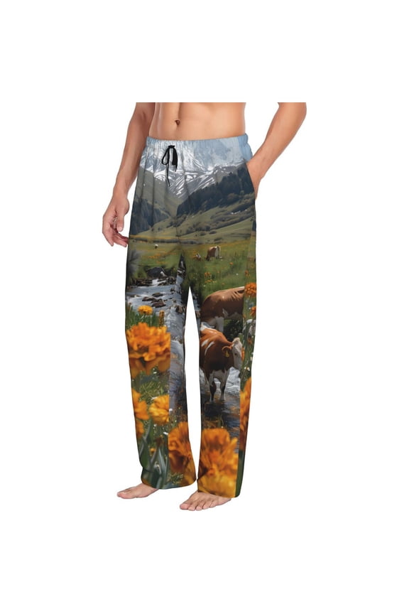 Mountain Cows Flower Stream Mens Soft Woven Cotton Elastic Waistband Sleep Pajama Pant Lounge Sleep Pant With Pockets And Drawstring-Large