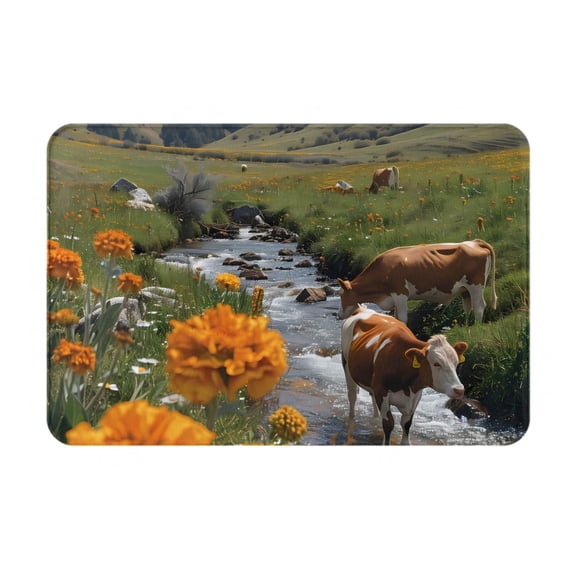 Picia Mountain Cows Flower Stream Pattern Flannel Doormat  16x24 Inch Non-Slip Indoor Mat, Absorbent & Quick-Dry Rug for Entryway, Bathroom, Kitchen, and Bedroom, Machine Washable