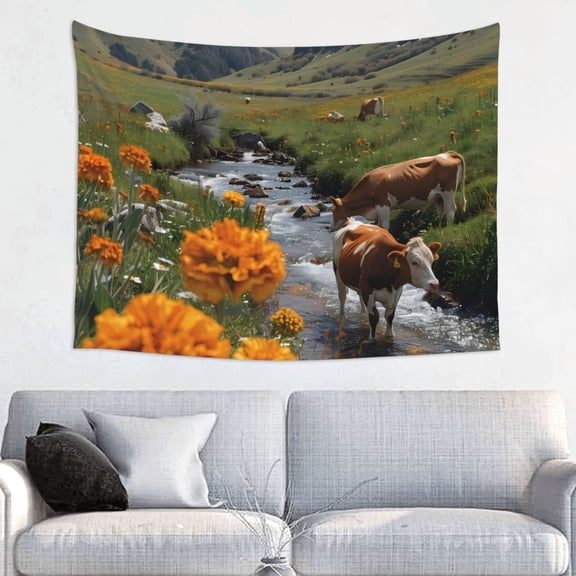 Picia Mountain Cows Flower Stream Pattern Tapestry-Tapestries for Bedroom Living Room Dorm(29x37")