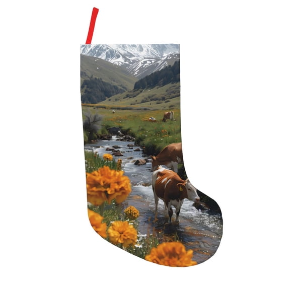 Picia Mountain Cows Flower Stream for 18in Christmas Stockings, Xmas Stocking for Kids, Holiday and Family Stocking for Fireplace or Party Decoration