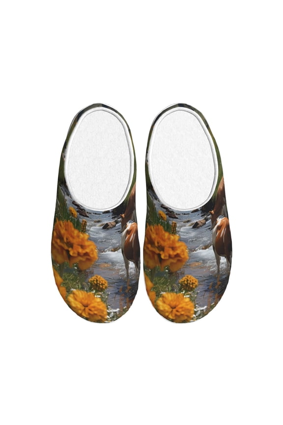 Mountain Cows Flower Stream for Women's Lamb-hug Comfy Fleece House Slippers Memory Foam, Slip-on House Shoes Indoor Outdoor-46/47