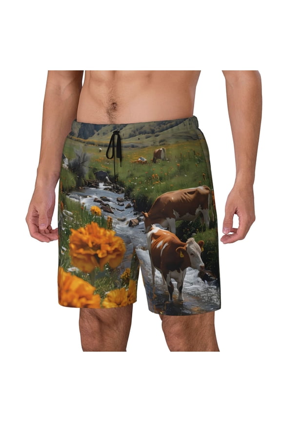 Mountain Cows Flower Stream pattern Mens Swim Trunks with Compression Liner Stretch Beach Shorts Quick Dry with Zipper Pockets No-Chafing Board Shorts-3X-Large