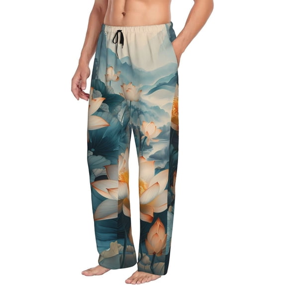 Picia Mountain Lotus Serenity Mens Soft Woven Cotton Elastic Waistband Sleep Pajama Pant Lounge Sleep Pant With Pockets And Drawstring-Large