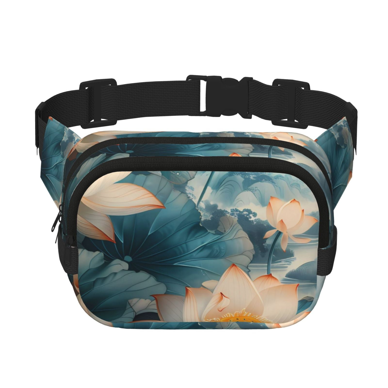 Picia Mountain Lotus Serenity Print Square Double-Layer Waist Bag Mini Adjustable Waist Belt Bag Exercise Running Travel Hiking