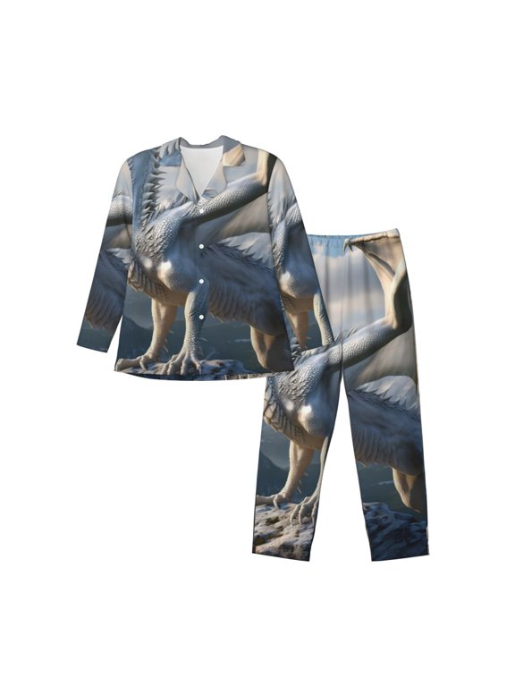 Mountain White Dragon Pattern Men’s Long-Sleeve Sleepwear Set - Soft 2-Piece Loungewear with Pockets, Comfy PJs for Relaxing Nights-X-Large