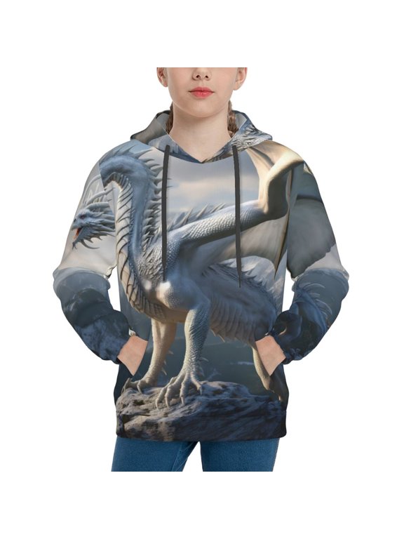 Mountain White Dragon Pattern Youth Hoodie - Warm Pullover Sweatshirt with Kangaroo Pocket, Ideal for Boys and Girls-Small