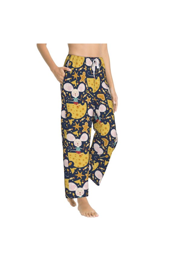Mouse Cheese Womens Soft Woven Cotton Elastic Waistband Sleep Pajama Pant Lounge Sleep Pant With Pockets And Drawstring-Small