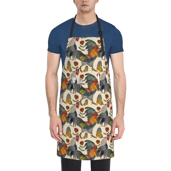 Picia Multi-Colored Roosters Waterproof Apron for Unisex Adult - Adjustable Bib Apron with Pockets, Ideal for Cooking, Gardening, Painting, and Household Chores