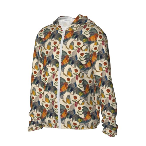 Picia Multi-Colored Roosters Women's Men's UPF 50 Sun Protection Hoodie Shirt Long Sleeve SPF Fishing Outdoor UV Hiking Lightweight Shirts-Large