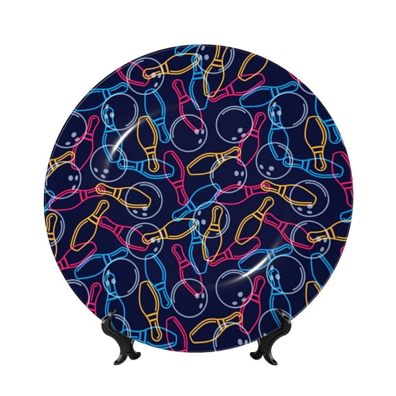 Picia Multicolor Bowling Pattern Bone China Decorative Plate – Wall Decor with Stand and Adhesive, Elegant Ornament for Living Room, Office, or Entryway-6in