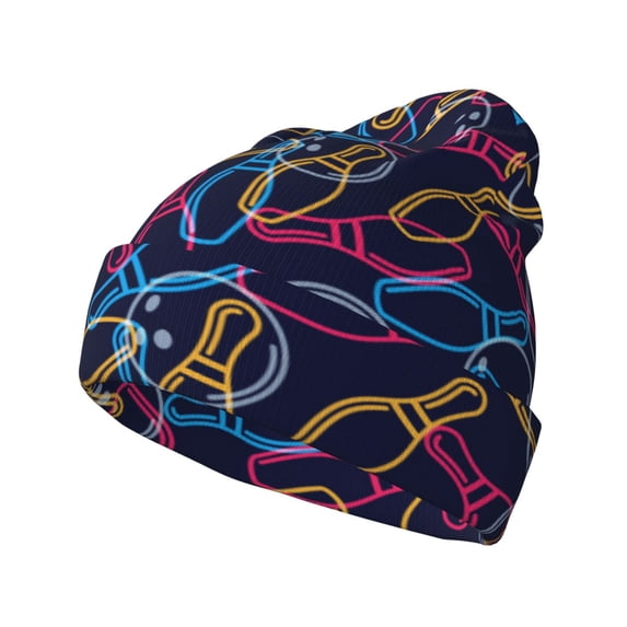 Picia Multicolor Bowling Pattern Knitted Beanie Hat for Men and Women , Unisex Winter Warm Stretchy Knit Cap Thick Fisherman Beanies Cuffed Plain Skull Caps