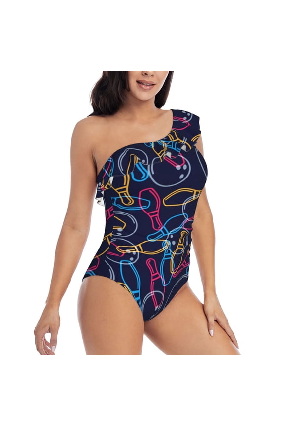 Multicolor Bowling Pattern Women's One Piece Swimsuits,One Shoulder Swimwear Asymmetric ,Ruffle Monokinis Bathing Suits,High Waisted Flattering Bathing Suits-Large