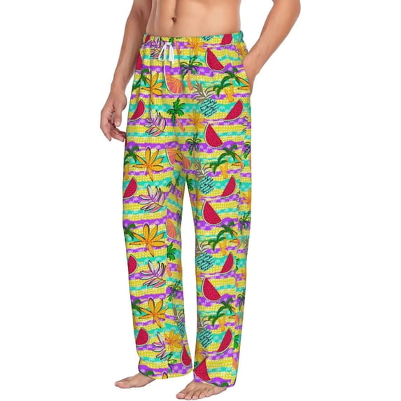 Picia Multicolored Tropical Mens Soft Woven Cotton Elastic Waistband Sleep Pajama Pant Lounge Sleep Pant With Pockets And Drawstring-Large