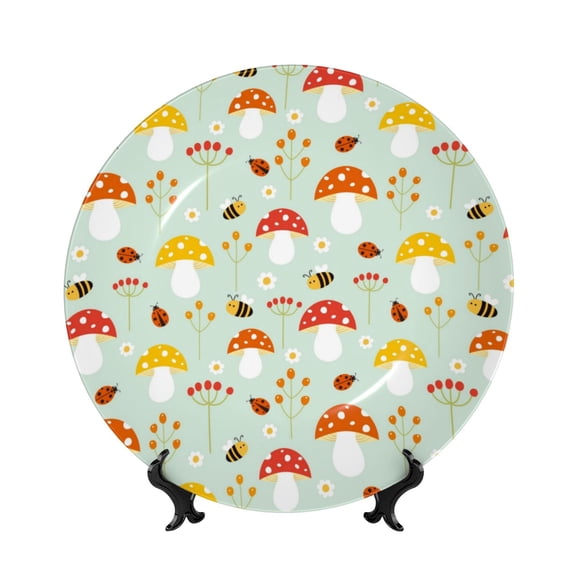 Picia Mushroom Bee Pattern Bone China Decorative Plate – Wall Decor with Stand and Adhesive, Elegant Ornament for Living Room, Office, or Entryway-6in