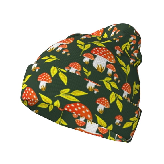 Picia Mushroom Leaf Pattern Knitted Beanie Hat for Men and Women , Unisex Winter Warm Stretchy Knit Cap Thick Fisherman Beanies Cuffed Plain Skull Caps
