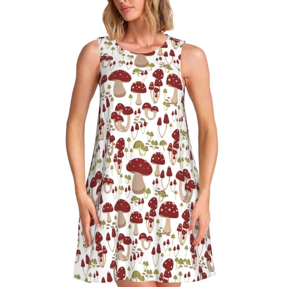 Picia Mushroom Print Women’s Sleeveless Midi Swing Dress – A-Line Pleated Tank Sundress, Comfortable and Flowy T-Shirt Dress